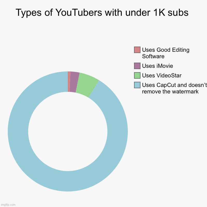 True? | Types of YouTubers with under 1K subs | Uses CapCut and doesn’t remove the watermark, Uses VideoStar, Uses iMovie, Uses Good Editing Softwar | image tagged in charts,donut charts | made w/ Imgflip chart maker