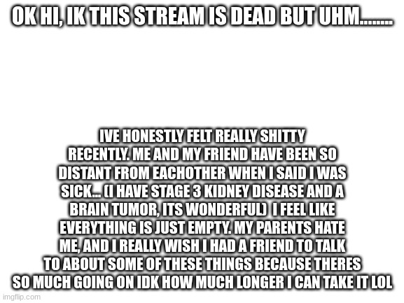 srry its so long |  OK HI, IK THIS STREAM IS DEAD BUT UHM........ IVE HONESTLY FELT REALLY SHITTY RECENTLY. ME AND MY FRIEND HAVE BEEN SO DISTANT FROM EACHOTHER WHEN I SAID I WAS SICK... (I HAVE STAGE 3 KIDNEY DISEASE AND A BRAIN TUMOR, ITS WONDERFUL)  I FEEL LIKE EVERYTHING IS JUST EMPTY. MY PARENTS HATE ME, AND I REALLY WISH I HAD A FRIEND TO TALK TO ABOUT SOME OF THESE THINGS BECAUSE THERES SO MUCH GOING ON IDK HOW MUCH LONGER I CAN TAKE IT LOL | image tagged in blank white template | made w/ Imgflip meme maker