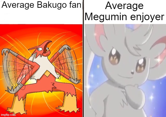 I prefer Megumin | Average Bakugo fan; Average Megumin enjoyer | image tagged in average fan vs average enjoyer pokemon | made w/ Imgflip meme maker