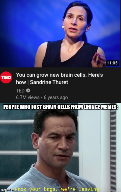 How is this possible? | PEOPLE WHO LOST BRAIN CELLS FROM CRINGE MEMES:; Pack your bags, we're leaving | image tagged in pack your things we're leaving,brain cells,ted talk,memes,so true,fuuny | made w/ Imgflip meme maker