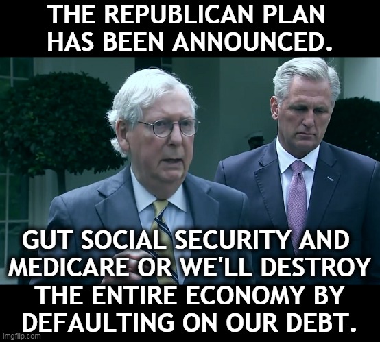 Well, that's a plan. | THE REPUBLICAN PLAN 
HAS BEEN ANNOUNCED. GUT SOCIAL SECURITY AND 

MEDICARE OR WE'LL DESTROY THE ENTIRE ECONOMY BY DEFAULTING ON OUR DEBT. | image tagged in republicans,destroy,social security,medicare,default,national debt | made w/ Imgflip meme maker