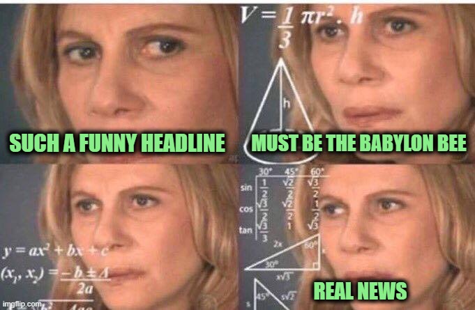 Math lady/Confused lady | MUST BE THE BABYLON BEE; SUCH A FUNNY HEADLINE; REAL NEWS | image tagged in math lady/confused lady | made w/ Imgflip meme maker