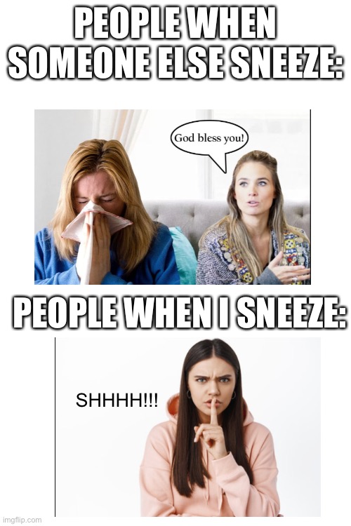 So unfair | PEOPLE WHEN SOMEONE ELSE SNEEZE:; PEOPLE WHEN I SNEEZE:; SHHHH!!! | image tagged in blank white template | made w/ Imgflip meme maker