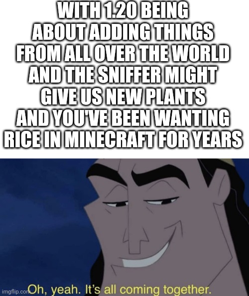 WITH 1.20 BEING ABOUT ADDING THINGS FROM ALL OVER THE WORLD AND THE SNIFFER MIGHT GIVE US NEW PLANTS AND YOU'VE BEEN WANTING RICE IN MINECRAFT FOR YEARS | image tagged in it's all coming together,minecraft,rice | made w/ Imgflip meme maker