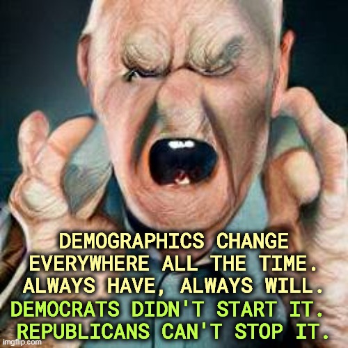 DEMOGRAPHICS CHANGE EVERYWHERE ALL THE TIME.
ALWAYS HAVE, ALWAYS WILL. DEMOCRATS DIDN'T START IT. 
REPUBLICANS CAN'T STOP IT. | image tagged in demographics,change,eternity,republicans,hate,minorities | made w/ Imgflip meme maker