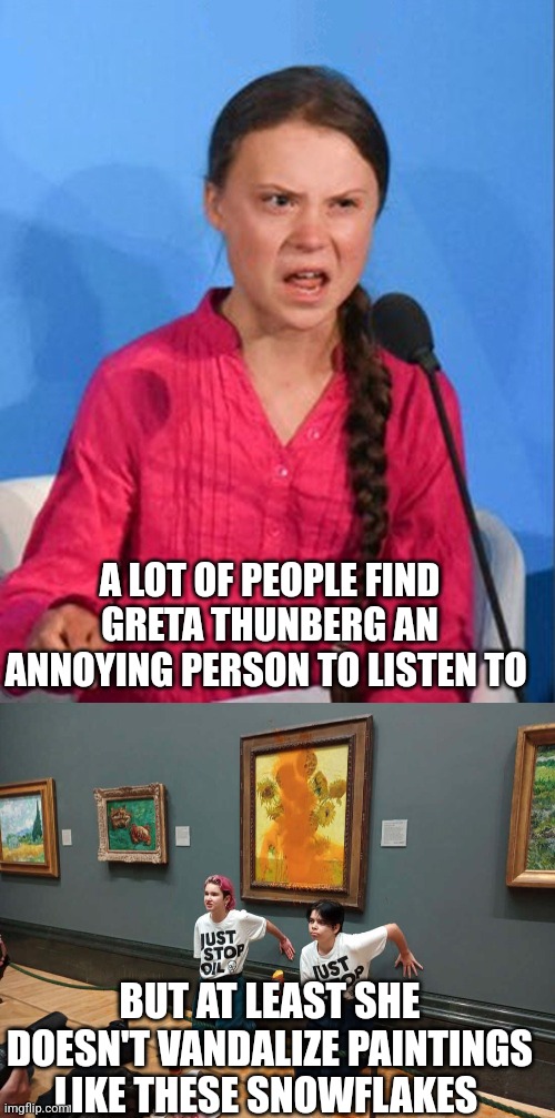At least Greta doesn't engage in violent criminal behavior | A LOT OF PEOPLE FIND GRETA THUNBERG AN ANNOYING PERSON TO LISTEN TO; BUT AT LEAST SHE DOESN'T VANDALIZE PAINTINGS LIKE THESE SNOWFLAKES | image tagged in greta thunberg how dare you,climate change,vandalism,vincent van gogh,liberal logic,stupid liberals | made w/ Imgflip meme maker
