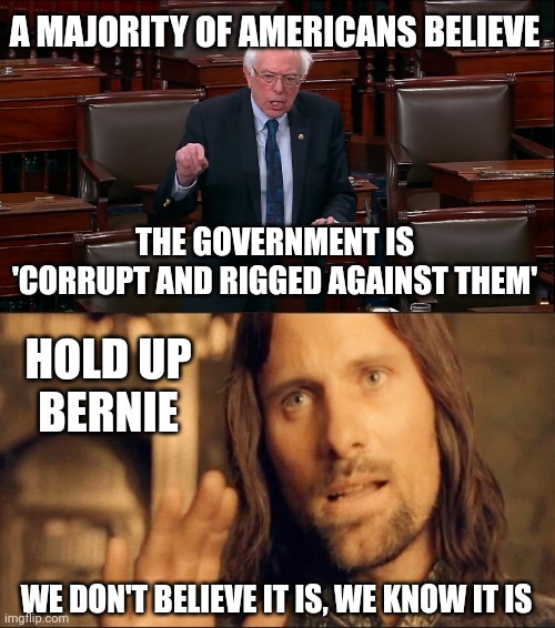 It's called the swamp for a reason. | A MAJORITY OF AMERICANS BELIEVE; THE GOVERNMENT IS
'CORRUPT AND RIGGED AGAINST THEM'; HOLD UP
BERNIE; WE DON'T BELIEVE IT IS, WE KNOW IT IS | image tagged in memes | made w/ Imgflip meme maker