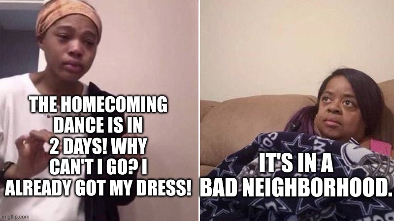 Me explaining to my mom | THE HOMECOMING DANCE IS IN 2 DAYS! WHY CAN'T I GO? I ALREADY GOT MY DRESS! IT'S IN A BAD NEIGHBORHOOD. | image tagged in me explaining to my mom | made w/ Imgflip meme maker