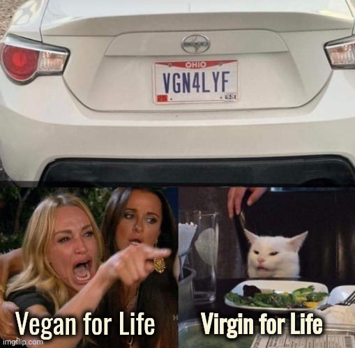 No Meat either way | Virgin for Life; Vegan for Life | image tagged in memes,woman yelling at cat,vegan,virgin,why not both,what happened here | made w/ Imgflip meme maker