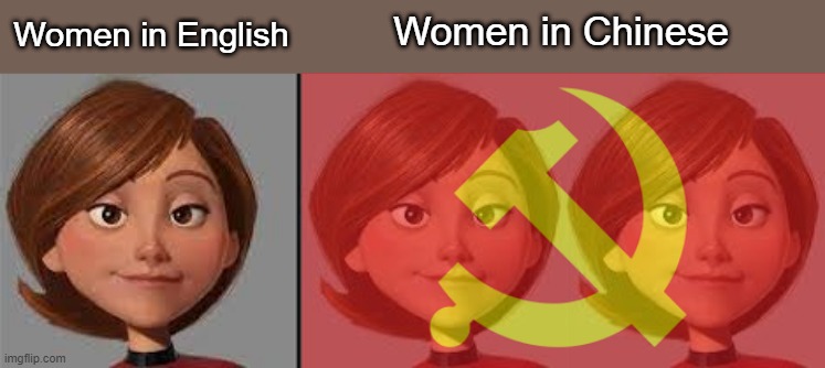 Women | Women in Chinese; Women in English | image tagged in traumatized mr incredible | made w/ Imgflip meme maker