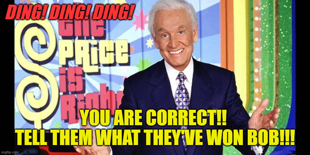 Correct answer, Price is Right | DING! DING! DING! YOU ARE CORRECT!! 
TELL THEM WHAT THEY'VE WON BOB!!! | image tagged in memes | made w/ Imgflip meme maker