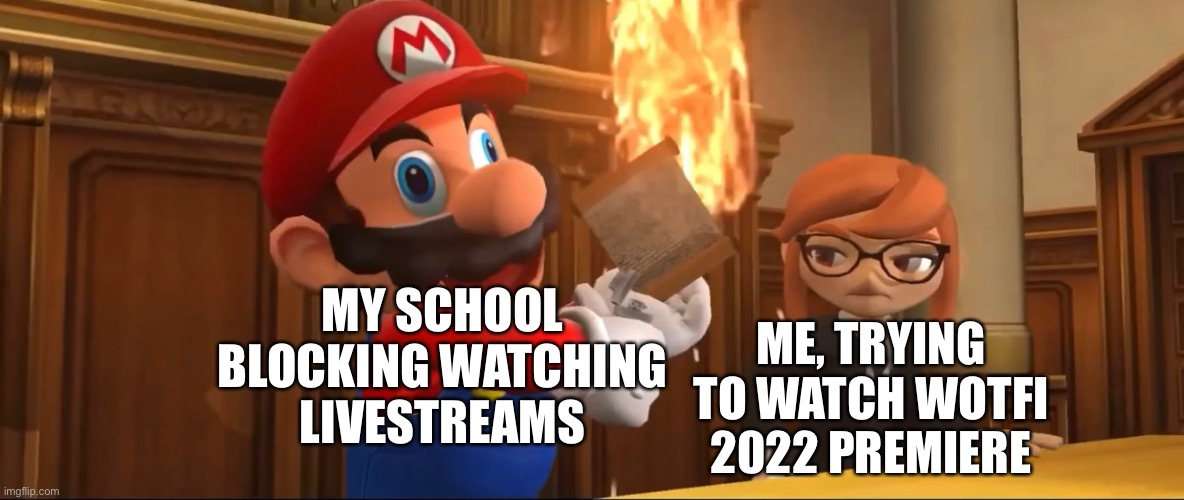 bruh moment | ME, TRYING TO WATCH WOTFI 2022 PREMIERE; MY SCHOOL BLOCKING WATCHING LIVESTREAMS | made w/ Imgflip meme maker