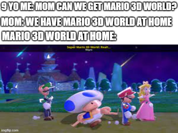 Mayro's "really good 3d world" mod | 9 YO ME: MOM CAN WE GET MARIO 3D WORLD? MOM: WE HAVE MARIO 3D WORLD AT HOME; MARIO 3D WORLD AT HOME: | image tagged in memes,funny memes,mario,3d,world,mom | made w/ Imgflip meme maker