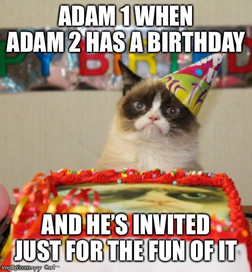 Birthday | ADAM 1 WHEN ADAM 2 HAS A BIRTHDAY; AND HE’S INVITED JUST FOR THE FUN OF IT | image tagged in memes,grumpy cat birthday,grumpy cat | made w/ Imgflip meme maker