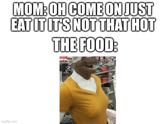 Blank White Template | MOM: OH COME ON JUST EAT IT IT'S NOT THAT HOT; THE FOOD: | image tagged in blank white template | made w/ Imgflip meme maker