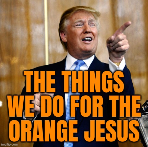 ORANGE JESUS | THE THINGS
WE DO FOR THE
ORANGE JESUS | image tagged in and then the devil said,orange trump,that's the evilest thing i can imagine,fake,christians,die | made w/ Imgflip meme maker