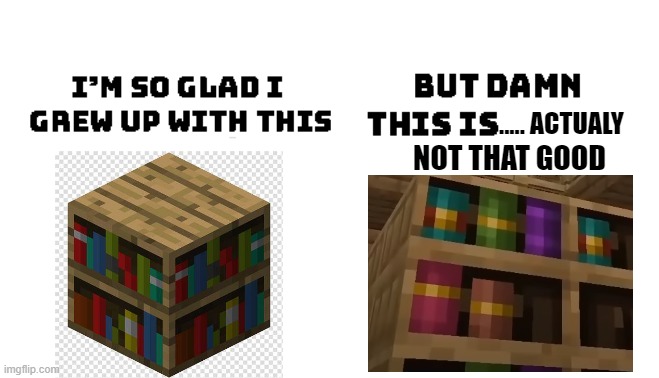 look how they mascaraed my boy like that |  ..... ACTUALY; NOT THAT GOOD | image tagged in im so glad i grew up with this but damn this is better,so glad i grew up with this,minecraft,funny,memes | made w/ Imgflip meme maker