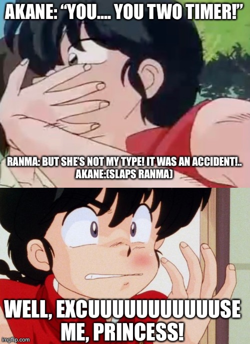 Well, Excuse Me, Princess Akane! | AKANE: “YOU…. YOU TWO TIMER!”; RANMA: BUT SHE’S NOT MY TYPE! IT WAS AN ACCIDENT!..
AKANE:(SLAPS RANMA); WELL, EXCUUUUUUUUUUUSE ME, PRINCESS! | image tagged in ranma 1/2,zelda,legend of zelda,memes,well excuse me princess | made w/ Imgflip meme maker