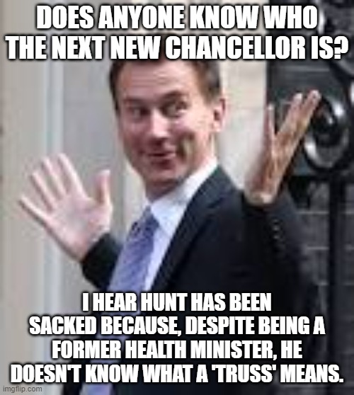 jeremy Hunt | DOES ANYONE KNOW WHO THE NEXT NEW CHANCELLOR IS? I HEAR HUNT HAS BEEN SACKED BECAUSE, DESPITE BEING A FORMER HEALTH MINISTER, HE DOESN'T KNOW WHAT A 'TRUSS' MEANS. | image tagged in jeremy hunt | made w/ Imgflip meme maker