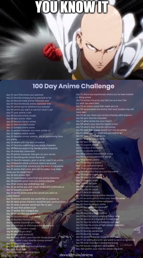 Day 10 | YOU KNOW IT | image tagged in one punch man,100 day anime challenge | made w/ Imgflip meme maker