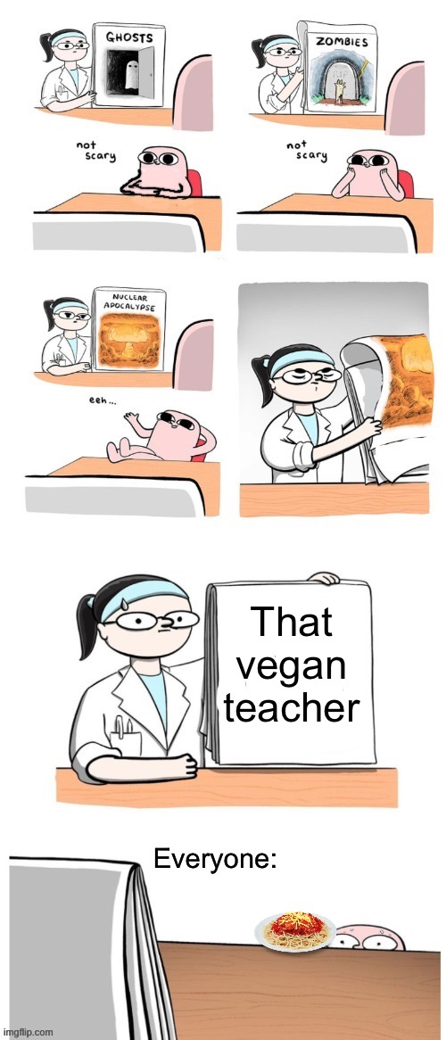 I’m an atheist so I put a delicious bowl of Spaghetti. | That vegan teacher; Everyone: | image tagged in not scary | made w/ Imgflip meme maker