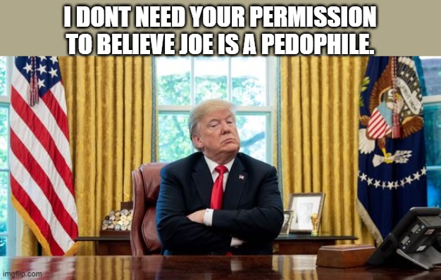 Trump pouty face #27 | I DONT NEED YOUR PERMISSION TO BELIEVE JOE IS A PEDOPHILE. | image tagged in trump pouty face 27 | made w/ Imgflip meme maker