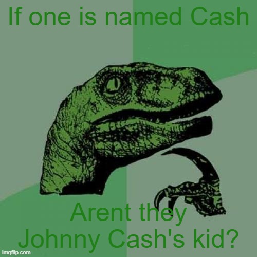 Philosoraptor Meme | If one is named Cash; Arent they Johnny Cash's kid? | image tagged in memes,philosoraptor | made w/ Imgflip meme maker