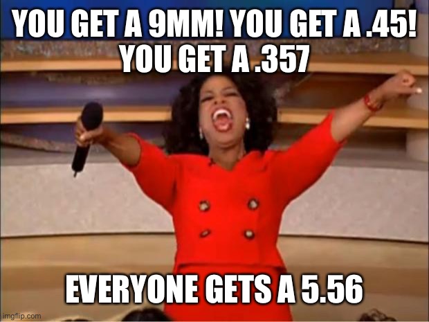 Oprah You Get A Meme | YOU GET A 9MM! YOU GET A .45!
YOU GET A .357 EVERYONE GETS A 5.56 | image tagged in memes,oprah you get a | made w/ Imgflip meme maker