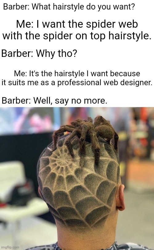 Spider and the spider web | Barber: What hairstyle do you want? Me: I want the spider web with the spider on top hairstyle. Barber: Why tho? Me: It's the hairstyle I want because it suits me as a professional web designer. Barber: Well, say no more. | image tagged in blank white template,funny,memes,spider,barber,unsee juice | made w/ Imgflip meme maker