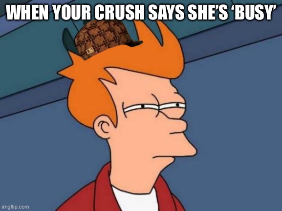 Futurama Fry | WHEN YOUR CRUSH SAYS SHE’S ‘BUSY’ | image tagged in memes,futurama fry | made w/ Imgflip meme maker