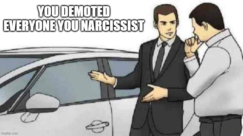 Car Salesman Slaps Roof Of Car Meme | YOU DEMOTED EVERYONE YOU NARCISSIST | image tagged in memes,car salesman slaps roof of car | made w/ Imgflip meme maker