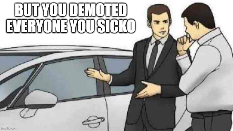 Car Salesman Slaps Roof Of Car | BUT YOU DEMOTED EVERYONE YOU SICKO | image tagged in memes,car salesman slaps roof of car | made w/ Imgflip meme maker