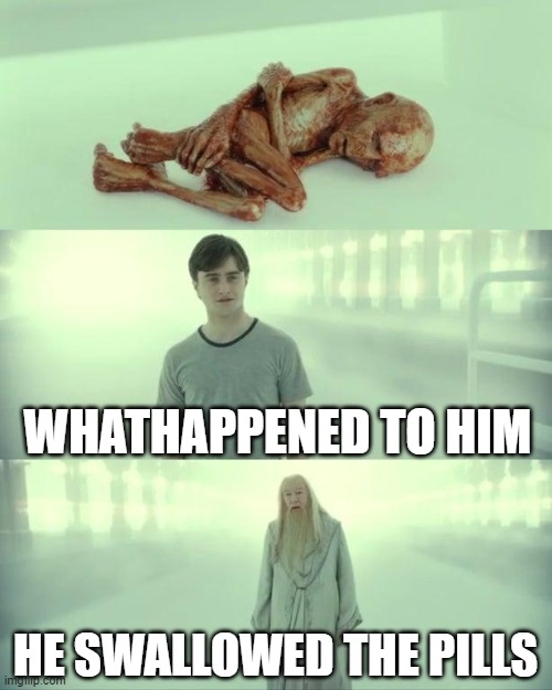 Dead Baby Voldemort / What Happened To Him | WHATHAPPENED TO HIM HE SWALLOWED THE PILLS | image tagged in dead baby voldemort / what happened to him | made w/ Imgflip meme maker