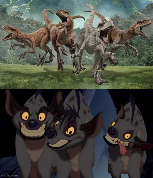 Atrociraptor Squad vs The 3 Laughing Hyenas (Who Would Win) | image tagged in jurassic park,jurassic world,dinosaur,lion king,who would win,crossover | made w/ Imgflip meme maker