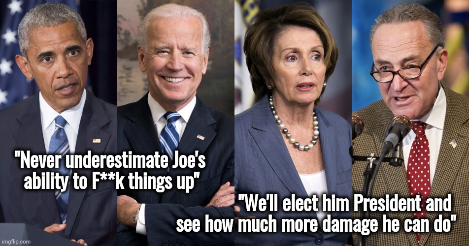 Obama, Biden, Pelosi and Schumer | "Never underestimate Joe's
    ability to F**k things up" "We'll elect him President and 
see how much more damage he can do" | image tagged in obama biden pelosi and schumer | made w/ Imgflip meme maker