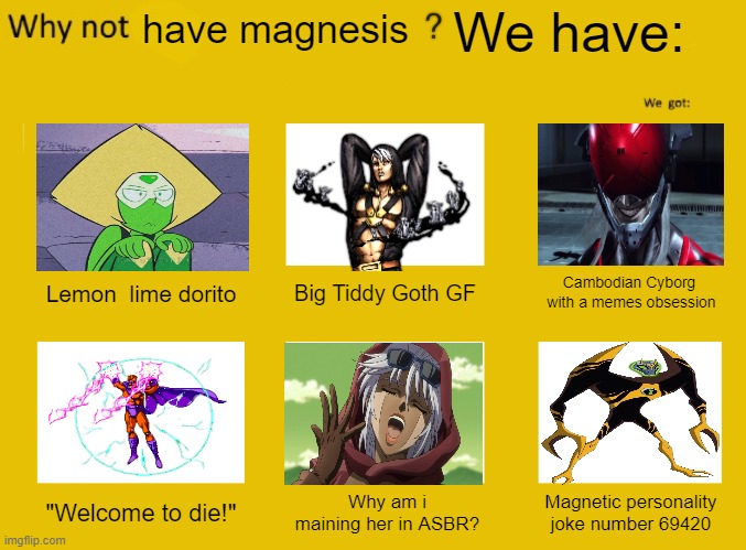 Why not visit remastered | We have:; have magnesis; Cambodian Cyborg 
with a memes obsession; Lemon  lime dorito; Big Tiddy Goth GF; Why am i maining her in ASBR? "Welcome to die!"; Magnetic personality joke number 69420 | image tagged in why not visit remastered | made w/ Imgflip meme maker