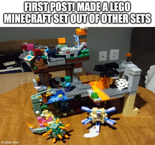 First post in this stream | FIRST POST! MADE A LEGO MINECRAFT SET OUT OF OTHER SETS | image tagged in blank white template,lego,minecraft | made w/ Imgflip meme maker