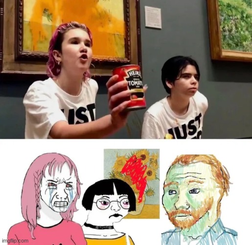 mfs really did just vandalize the glass frame of a painting made by some dead depressed dude with tomato soup. | made w/ Imgflip meme maker