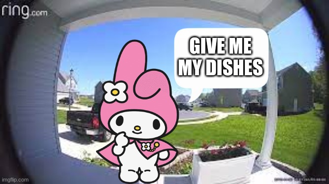 shes here. | GIVE ME MY DISHES | image tagged in fun,outdoors,hello kitty | made w/ Imgflip meme maker