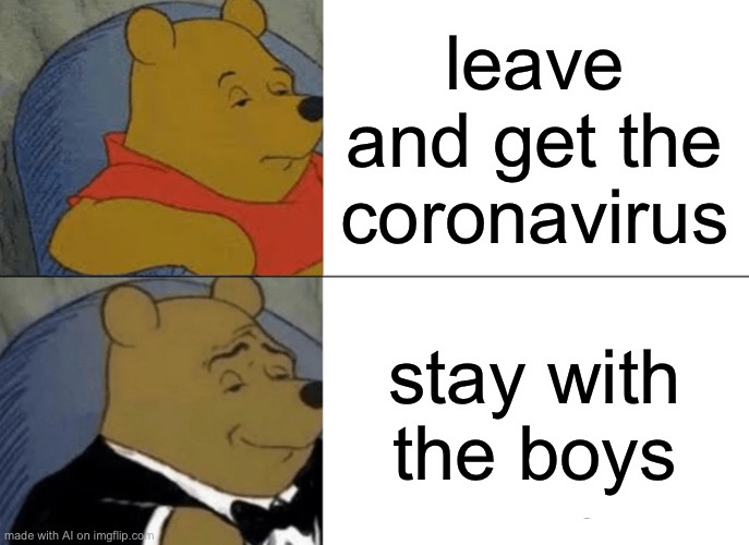 They’re safe, stay with them | leave and get the coronavirus; stay with the boys | image tagged in memes,tuxedo winnie the pooh | made w/ Imgflip meme maker