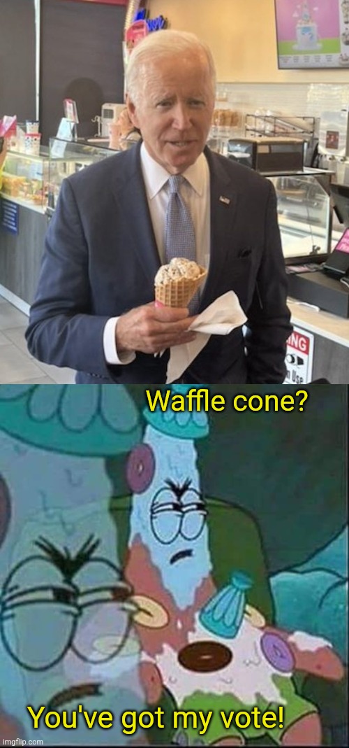 If the job was about choosing ice cream | Waffle cone? You've got my vote! | image tagged in patrick ice cream,joe biden | made w/ Imgflip meme maker