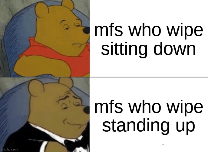 Meme :) | mfs who wipe sitting down; mfs who wipe standing up | image tagged in memes,tuxedo winnie the pooh | made w/ Imgflip meme maker