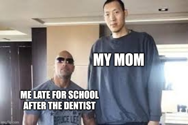 Y'all know this, right? | MY MOM; ME LATE FOR SCHOOL AFTER THE DENTIST | image tagged in sun ming ming and the rock,school | made w/ Imgflip meme maker