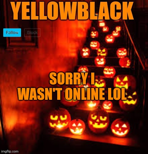 Temporary yellowblack Halloween announcement template | SORRY I WASN'T ONLINE LOL | image tagged in temporary yellowblack halloween announcement template | made w/ Imgflip meme maker