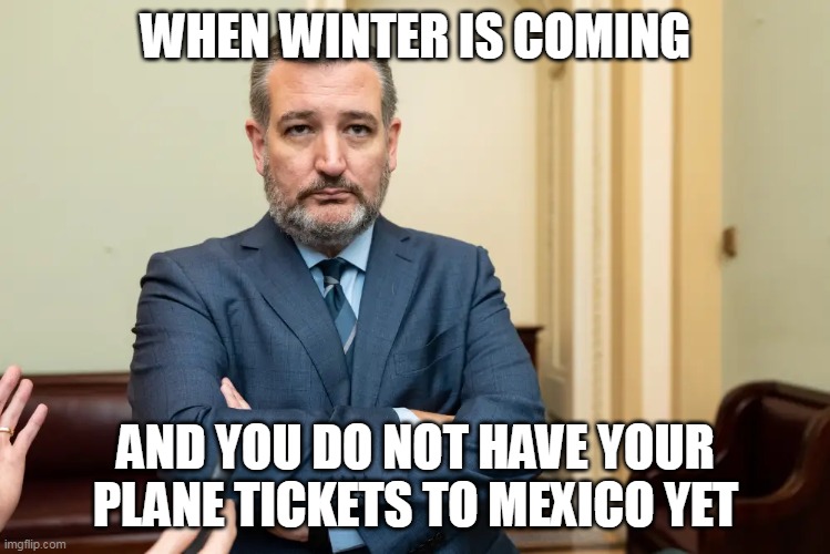 When winter is coming and you do not have your plane tickets to mexico yet | WHEN WINTER IS COMING; AND YOU DO NOT HAVE YOUR PLANE TICKETS TO MEXICO YET | image tagged in ted cruz,funny,politics,winter,mexico,texas | made w/ Imgflip meme maker