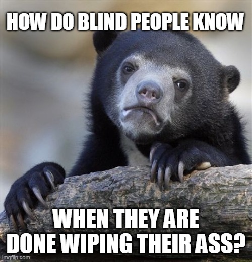 How do blind people know when they are done wiping their ass? | HOW DO BLIND PEOPLE KNOW; WHEN THEY ARE DONE WIPING THEIR ASS? | image tagged in memes,confession bear,funny,blind people,ass,wipe | made w/ Imgflip meme maker