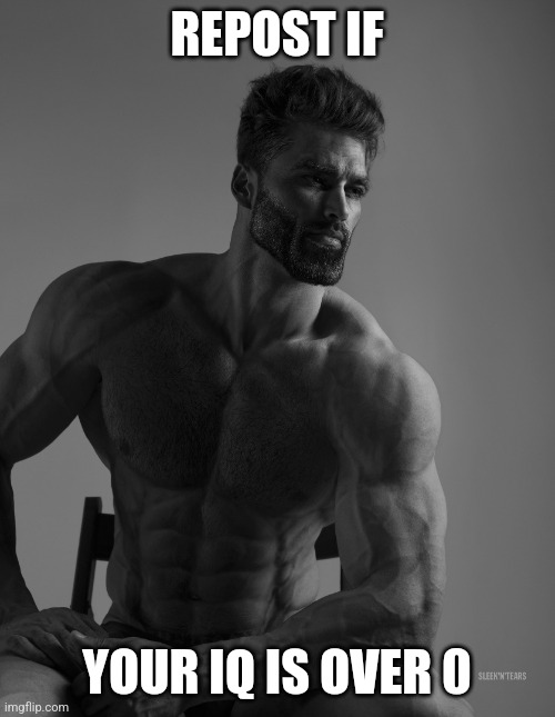 Giga Chad | REPOST IF; YOUR IQ IS OVER 0 | image tagged in giga chad | made w/ Imgflip meme maker