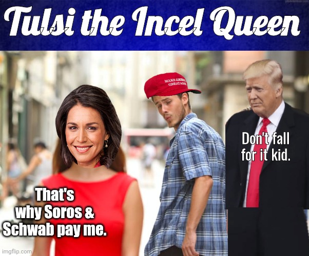 Tulsi luring an Incel | Tulsi the Incel Queen; Don't fall for it kid. That's why Soros & Schwab pay me. | image tagged in distracted boyfriend | made w/ Imgflip meme maker