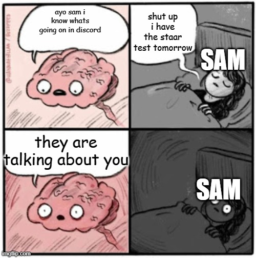 THEYRE TALKING ABOUT SAM IN DISCORD?!?!?! | shut up i have the staar test tomorrow; ayo sam i know whats going on in discord; SAM; they are talking about you; SAM | image tagged in brain before sleep | made w/ Imgflip meme maker