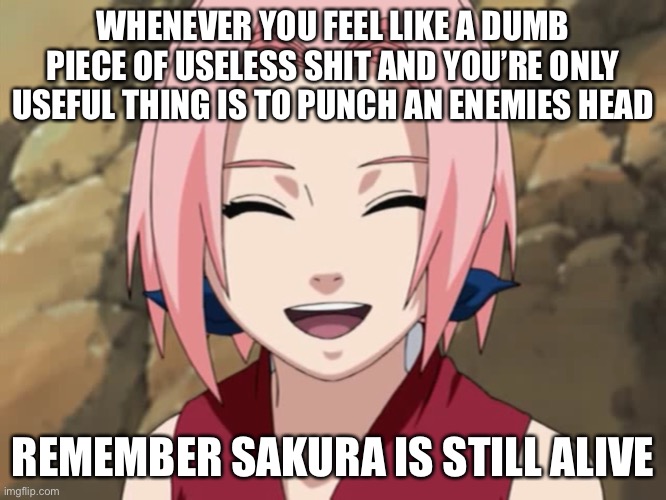 She punched Kaguya Otsutsuki’s head and she still exists/is alive | WHENEVER YOU FEEL LIKE A DUMB PIECE OF USELESS SHIT AND YOU’RE ONLY USEFUL THING IS TO PUNCH AN ENEMIES HEAD; REMEMBER SAKURA IS STILL ALIVE | image tagged in sakura smiling,memes,useless,sakura,whenever you feel,naruto shippuden | made w/ Imgflip meme maker